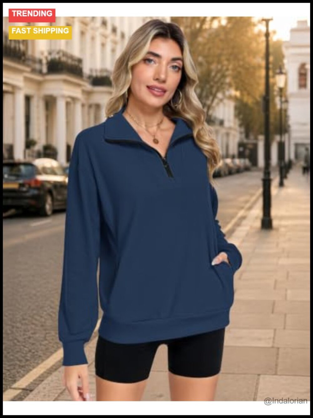Quarter Zip Oversized Sweatshirt with Pockets Women Long Sleeve Half Zip - Picture 2 of 6